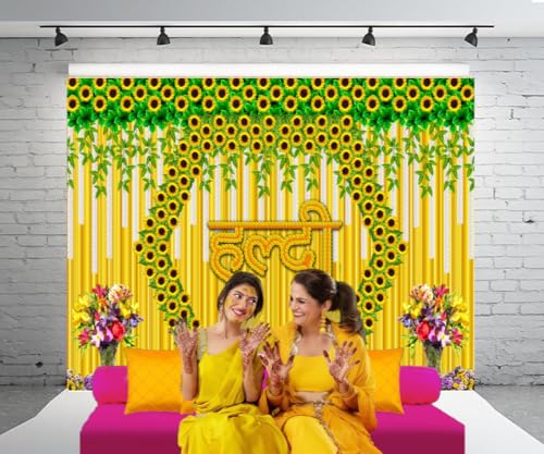 Image of DARSHANAM WORLD Wedding Decorative Cloth for Haldi & Mehndi Ceremony, Photoshoot, Haldi Background Enhancer for Mehndi Ceremony (8x5 ft, 3D Printed Backdrop with Floral & Logo Design) (Yellow)