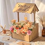 CYAOOI Wishing Well Wedding Card Box for Reception, Wooden Money Gift Card Box with Lock & Flower Trough, Rustic Wood Envelope Card Box for Wedding Party Decorations Birthday Bridal Baby Shower Decor