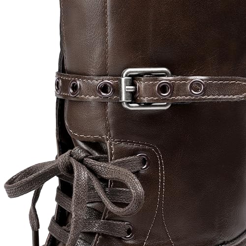 DREAM PAIRS Women's Knee High Boots Combat Boots Goth Boot Lace Up Adjustable Buckles Chunky Low Heel Fall Booties with Side Zipper to Put on and off,Size 8,Dark Brown,DWUMKB2512