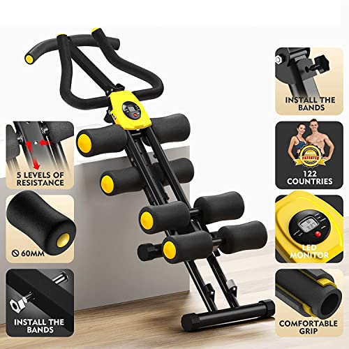 MBB 12 IN 1 Foldable Ab Fitness Machine Core Trainer Equipment Height Adjustable Horse Riding Machine Thighs Buttocks Shaper Abdominal Leg Arm Exercises Home Gym Office Upgrade Yellow
