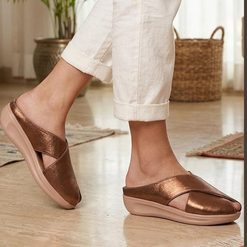 Image of FAUSTO Women Criss Cross Strap Design Perforated Slip On Shoes | Back Open Casual Shoes for Office, Outdoor, Party