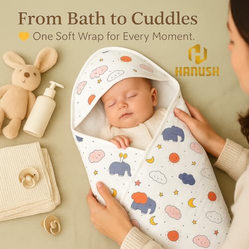 Image of HANUSH 100% Muslin Cotton Baby Hooded Towel 75x75 cm - Double Layer Soft Newborn Bath Wrap, Organic Muslin Bath Towel for Infants & Babies (Unisex, Elephant & Cloud Print)