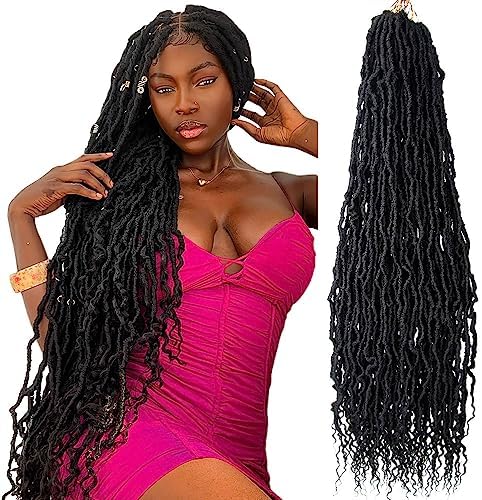 BOHOBABE 30 Inch New Faux Locs With Curly End 6 Packs Soft Locs Crochet Hair 72 Strands Long Natural Black Crochet Wavy Locs (6Packs,1B)