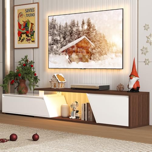 Verano Garden Extendable TV Stand with Led Lights, Wood TV Media Console with 2 Drawers & 1 Cabinet, Modern Entertainment Center Up to 90 Inch TV for Living Room Bedroom, 63' - 90.6' (White & Walnut)