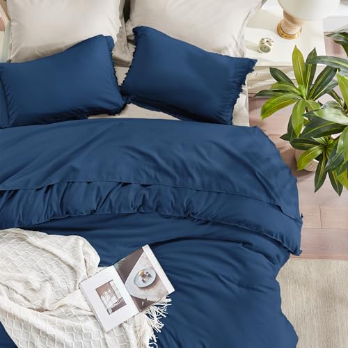 Image of Andency Navy Blue Comforter Set Full Size, 3 Pieces Boho Tassel Lightweight Bedding Comforter Sets, All Season Soft Fluffy Fringe Bed Set (79x90In Comforter & 2 Pillowcases)