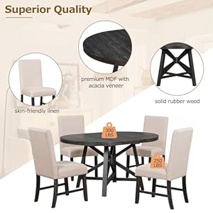 5 Piece Retro Style Dining Set with Extendable Round Table and 4 Upholstered Chairs for Kitchen Living Room Black