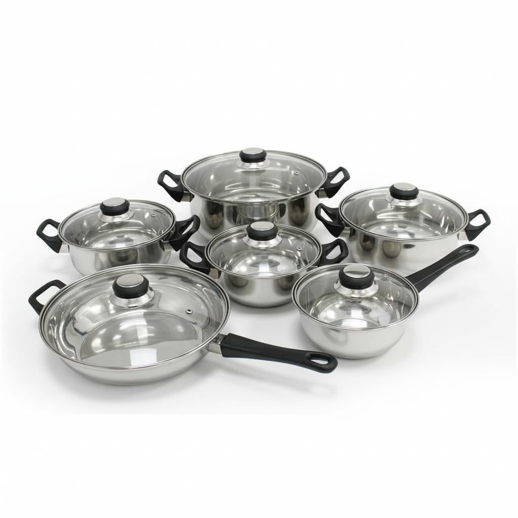 Quttin | Batería de Cocina de 12 Piezas de Acero Inoxidable Apta para Inducción, Gas y Vitrocerámica - Juego de 4 Ollas, 1 Cazo y 1 Sartén con Tapas de Cristal, Perfecta para Todas las Cocinas