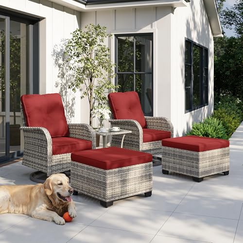 Image of 5-Piece Small Patio Furniture Set, Outdoor Swivel Rocking Chairs Set with Ottomans, Patio Bistro Set for Balcony, Deck, Porch, Red