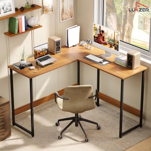 Image of Lukzer L-Shaped Corner Study Desk Engineered Wood Computer Laptop Table for Home or Office | MST-007 /Black & Oak Brown | Multi-Functional Gaming Station and WFH Desk with Metal Frame