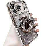 Changjia Magnetic Kickstand Glitter Case for iPhone 17 Pro Max,[Compatible with Magsafe] Cute Bling Sparkly Rhinestone with Camera Protector Makeup Mirror Women Girls Case for iPhone 17 Pro Max,Silver