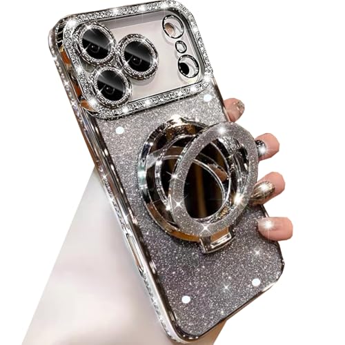 Changjia Magnetic Kickstand Glitter Case for iPhone 17 Pro Max,[Compatible with Magsafe] Cute Bling Sparkly Rhinestone with Camera Protector Makeup Mirror Women Girls Case for iPhone 17 Pro Max,Silver