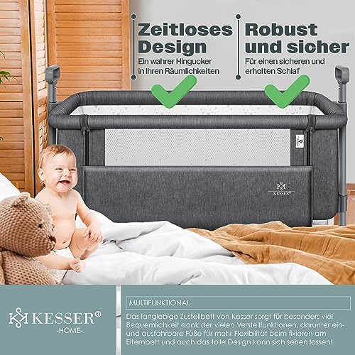 KESSER® Zustellbett Hubi 3in1 Baby Beistellbett Reisebett Babybett mit weich Matratze mit Rollen Kinderbett 5Fach Höhenverstellung Faltbare Seitenwand für Zuhause und Unterwegs + Spanngurt Dunkelgrau