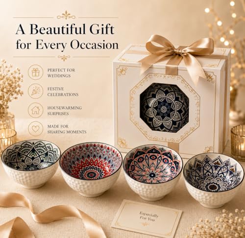 Image of Japanese Ceramic Bowl Set of 4 with Gift Box | 300ml Soup Rice Snack Dessert Bowls, Hand Painted Mandala Patterned Bowls | Microwave & Dishwasher Safe Serving Bowls (Mandala Muse)