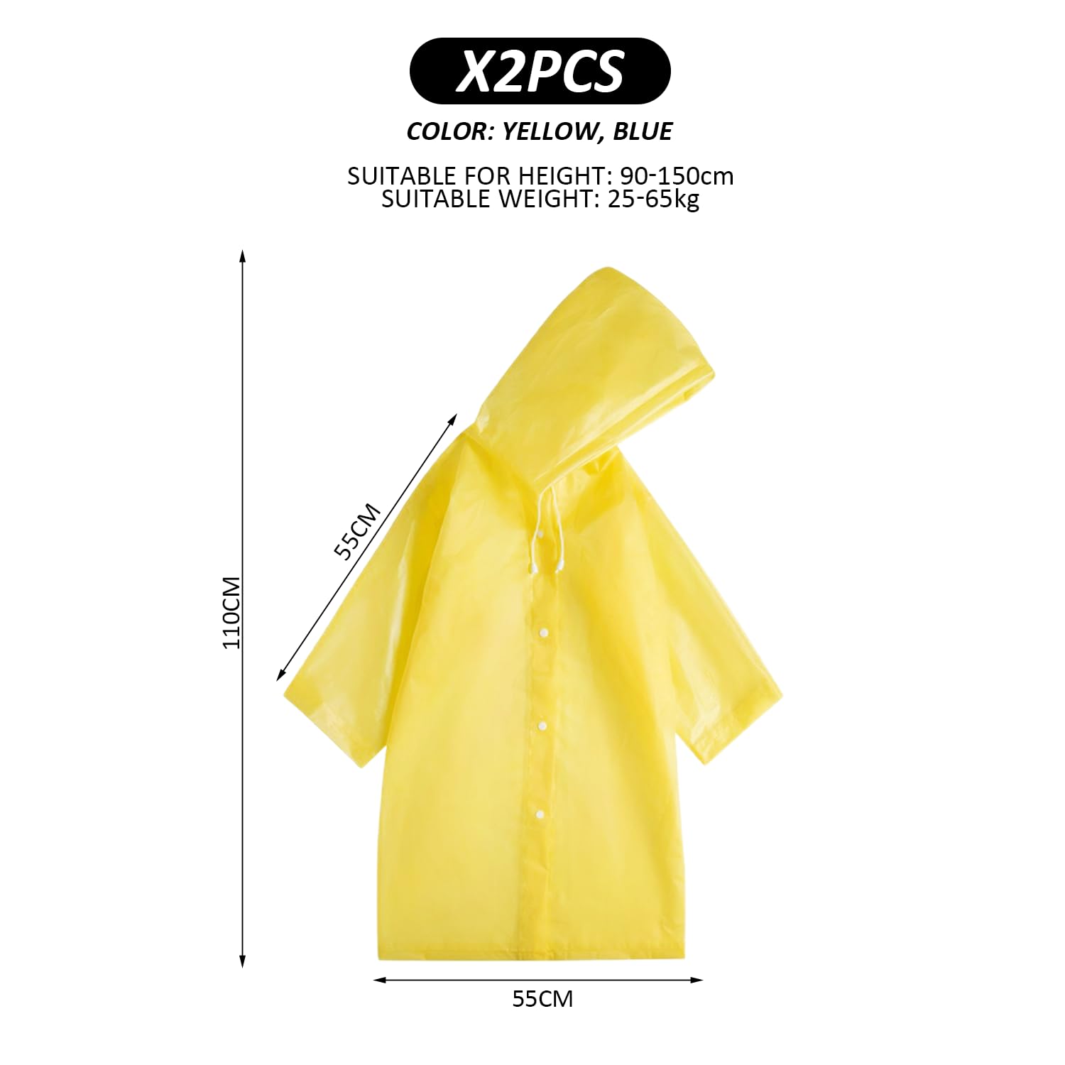 2 chubasquero impermeable, reutilizable para niños y niñas, poncho EVA transpirable (azul, amarillo), azul/amarillo, 60-68