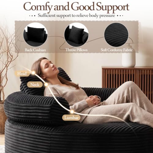 Image of Trustyue Boneless Couch,Comfy Fluffy Sofa Bed,Upholstered Sleeper Sofa with Cup Holder and Throw Pillows,Corduroy Plush Cloud Lounge Chair (Black, Corduroy)