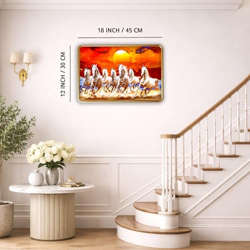 Image of XOPY Seven Running Horses with Golden Frame | Vastu 7 horses Raw Pyrite Painting for Home, Office & Living Room Wall Decore | 12X18 Inch Sparkle Laminated Frame | Best For Gifting (9835, 12X18)
