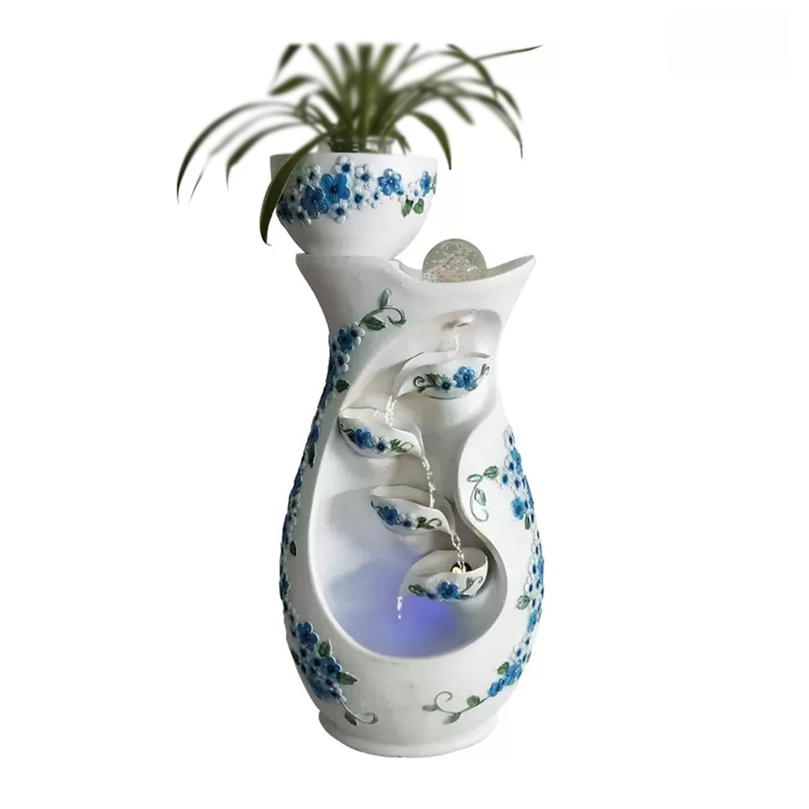 Fuente de escritorio con jarrón de resina y flores azules decorativa para interior
