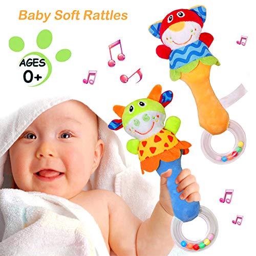 CHAFIN Baby Soft Rattles Sound Toys, Infant Handbells Early Development Hand Grip Baby Toys, Cute Stuffed Animal for 3 6 9 12 Months and Newborn Toddler Boy Girl Birthday Gifts (2 Pack)