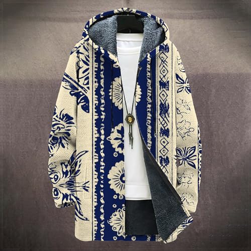 Hooded Cardigan for Men Vintage Graphic Zip Up Long Hoodies Warm Fleece Lined Winter Jacket with Pockets2