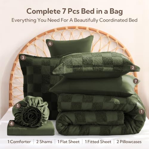Image of MR&HM Queen Comforter Set 7 Pieces, Checkered Boho Bed Set Dark Olive Green | Farmhouse Vintage Bed with Plaid Geometric Design, All-Season Bed in A Bag Comforter with Sheets, Pillow Shams & Pillowcases