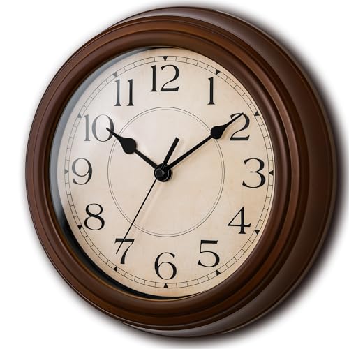 Image of KECYET Wall Clock, 9 Inch Silent Battery Operated Non-Ticking Wall Clock Classic Decorative for Living Room, Kitchen,Office, Bedrooms(Brown)