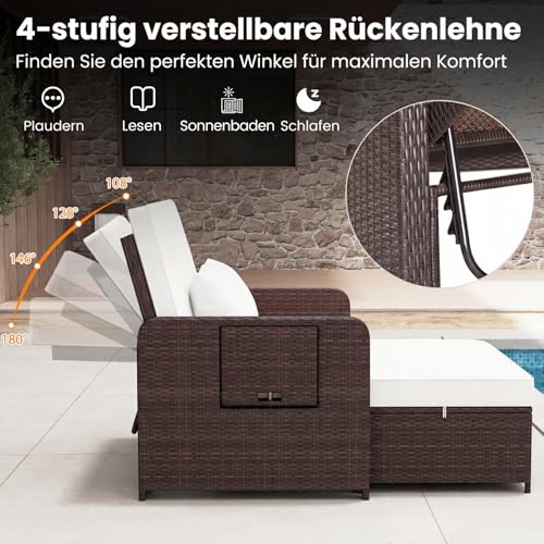 COSTWAY Sofa do salonu z rattanu, meble do salonu na zewnątrz, sofa ogrodowa z funkcją leżania, 2-osobowa salonowa sofa ogrodowa z poduszkami i bocznymi stolikami, meble ogrodowe z polirattanu, meble