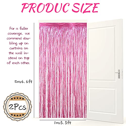 Tinsel Foil Fringe Curtains, 2 Packs Metallic Streamers Backdrop Aluminum Foil Stripe Curtain, 1 x 2m/ 3.3 x 6.6ft Photo Decoration Set for Wedding Birthday Baby Shower Halloween Christmas Party(Pink)