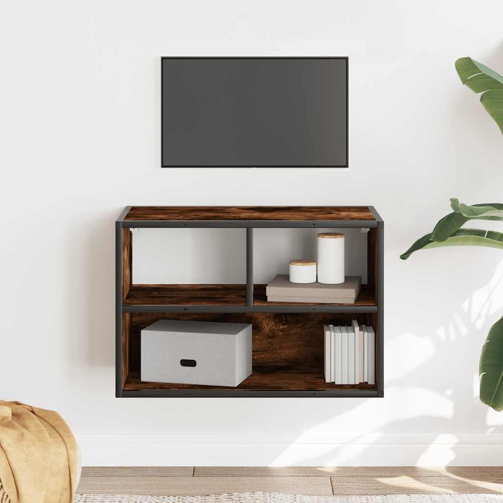 Mobile TV sospeso, effetto rovere affumicato, 60 x 31 x 39,5 cm, credenza sospesa in legno e metallo, mobile TV moderno per soggiorno, design industriale