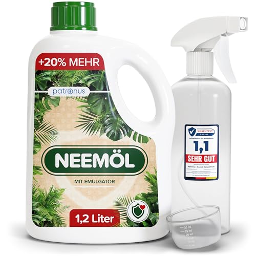 Natürliches Neemöl mit Emulgator 1200 ml – inkl. Sprühflasche & Messbecher – Ergibt 120 L sprühfertiges Neem-Öl Spray – Niemöl zur natürlichen...