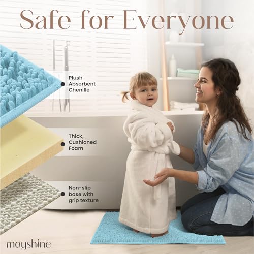 Image of Small Plush Shaggy Chenille Bath Mat 23 inchx14 inch Extra Soft, Super Absorbent, Non-Slip Bathroom Rug | Fluffy Microfiber, Area Rug Sets for Bathroom Floor, Kitchen, Living Room | 23 inchx14 inch | Spa Blue