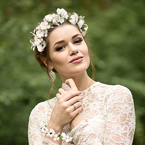 Foto von Hochzeitsgirlande, Blumenkranz, Damen, Haarbänder, Blumenkranz, GuKKK Beige und Armband, verstellbares Haarband für Party, Festival, Strand, Arbeit, Hochzeit