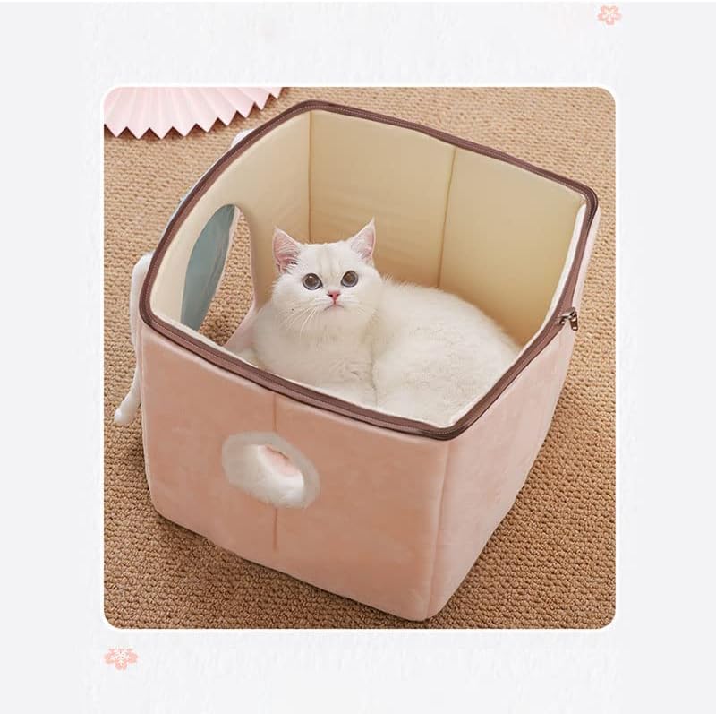 review Cute Cat House,Sakura Cat Sleeping Bag with Pillow,Cute Cat Bed Cave,Washable Cat Bed,Calming Dog Bed,Cozy Dog Tent (Pink House Blue Door)