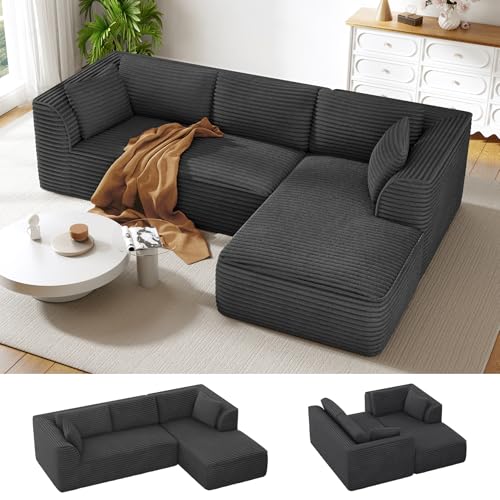 Vesgantti 106″ Cloud Couch with Chaise, Deep Seat Fluffy Modular Sectional Sofa Corduroy Memory Foam Boneless Couches for Living Room Bedroom, No Assembly Required (Grey, Right-Facing Chaise)