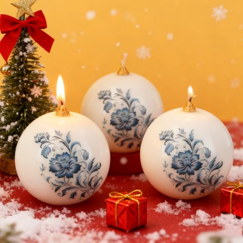 Conelist 3 Pcs 3" Chinoiserie Porcelain Decor Round Ball Candles Blue and White Floral Round Pillar Candles Set Unscented for Spring Tables Centerpiece Bridal Wedding Shower Home Decoration Party Gift