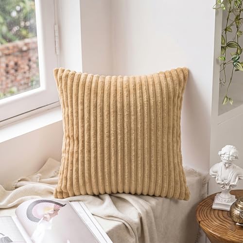 Image of Yellow Weaves Pencil-Stripe Fur Cushion Covers | Soft Polyester | Decorative Sofa & Throw Pillow Covers | 16x16 Inches, Pack of 1 (Golden Brown)