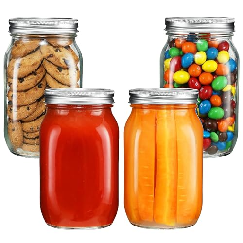 Glass Mason Jars,4 Pack 500ml Clear Glass Jars with Silver Metal Lids for Sealing, Food Storage,Overnight Oats Jar, Pickling Jars, DIY Projects, Snacks, Candies (16 oz）
