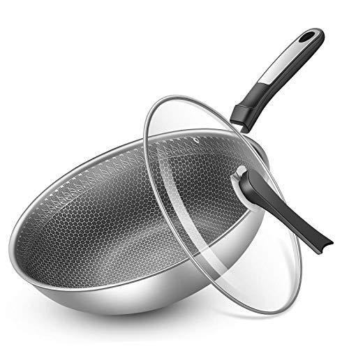 Big Sale 14 inches Stainless Steel Wok ,Nonstick Stir Fry Pan with Lid, Electromagnetic Compatibility, Non-Stick Hand And Scratch-Resistant Cookware
