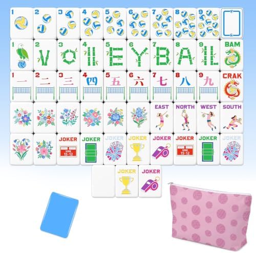 Cuffbow Volleyball-Themed Engraved American Mahjong Tile Set 160 Quality White Tiles (1.2 Inch, Tiles Only) Pink Mini American Mahjong Game Set for Ideal Gifts, No Additional Accessories