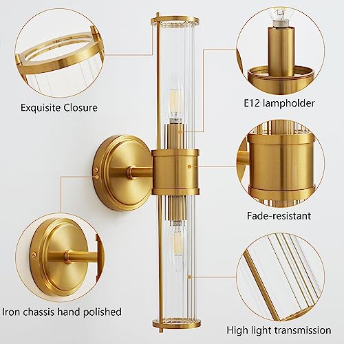Image of Gold Wall Sconce, Bathroom Light Fixtures with Threaded Glass Indoor Wall Sconces, Modern Sconce Wall Lighting Up and Down Vanity Lights Fixtures for Bathroom Mirror, Hallway, Living Room