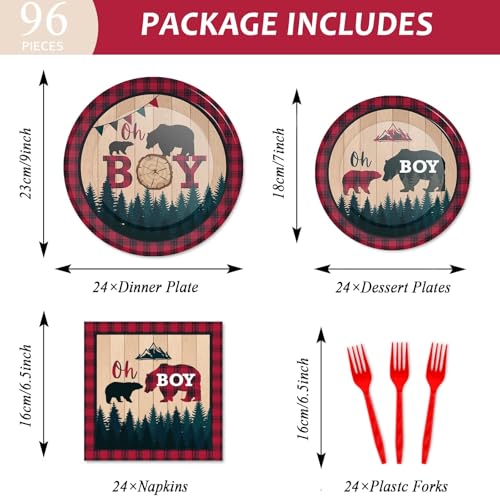 Image of gisgfim 96 Pcs Buffalo Plaid Lumberjack Party Plates and Napkins Party Supplies Boy Red Plaid Party Tableware Set Christmas Decorations Favors for Birthday Baby Shower for 24 Guests