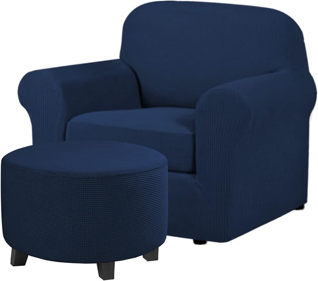 H.VERSAILTEX 2 Piece Sofa Cover for Armchair 32"-48" Bundle Round Ottoman Covers Ottoman Slipcovers(Medium, Navy)