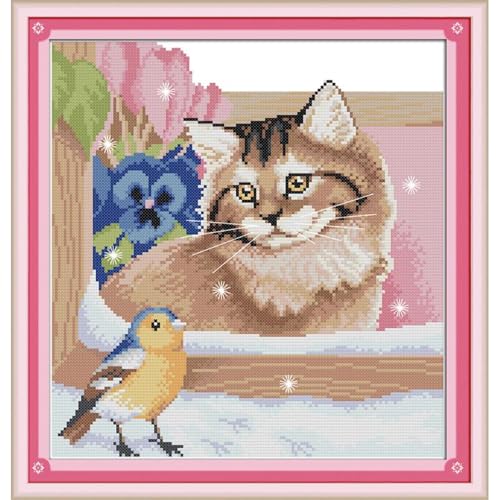 Image of JOYSEWING Cat kit Stamped Cross Stitch Kits Beginners Embroidery 11CT Needlepoint Kits Counted Patterns Embroidery DIY Home Decoration-(Birds and Cats (Printed)) 16.1x16.5 inch