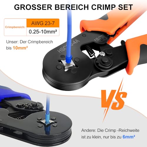 Crimpzange Aderendhülsen Set mit 1250 Aderendhülsenzange Selbsteinstellende 0,25-10mm² Krimpzange Crimp Zange Crimping Pliers mit Kabelendhülsen Krimpzangenset für Heimgebrauch