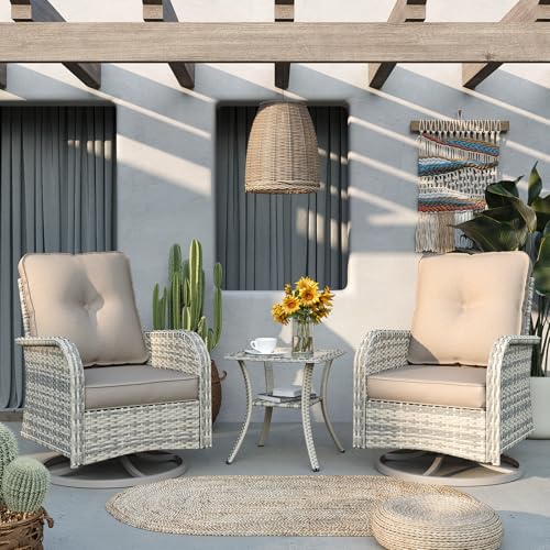 Muphyers Patio Rocking Swivel Chair Outdoor Wicker Rattan Bistro Set with Tempered Glass Side Table, Outdoor Patio Furniture Set for Garden, Deck, and Balcony, Beige