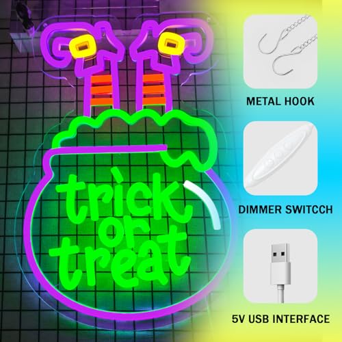 Image of Trick or Treat Neon Sign for Wall Decor Dimmable Witch Halloween Led Sign Trick or Treat Neon Lights for Windows Halloween Party Decor