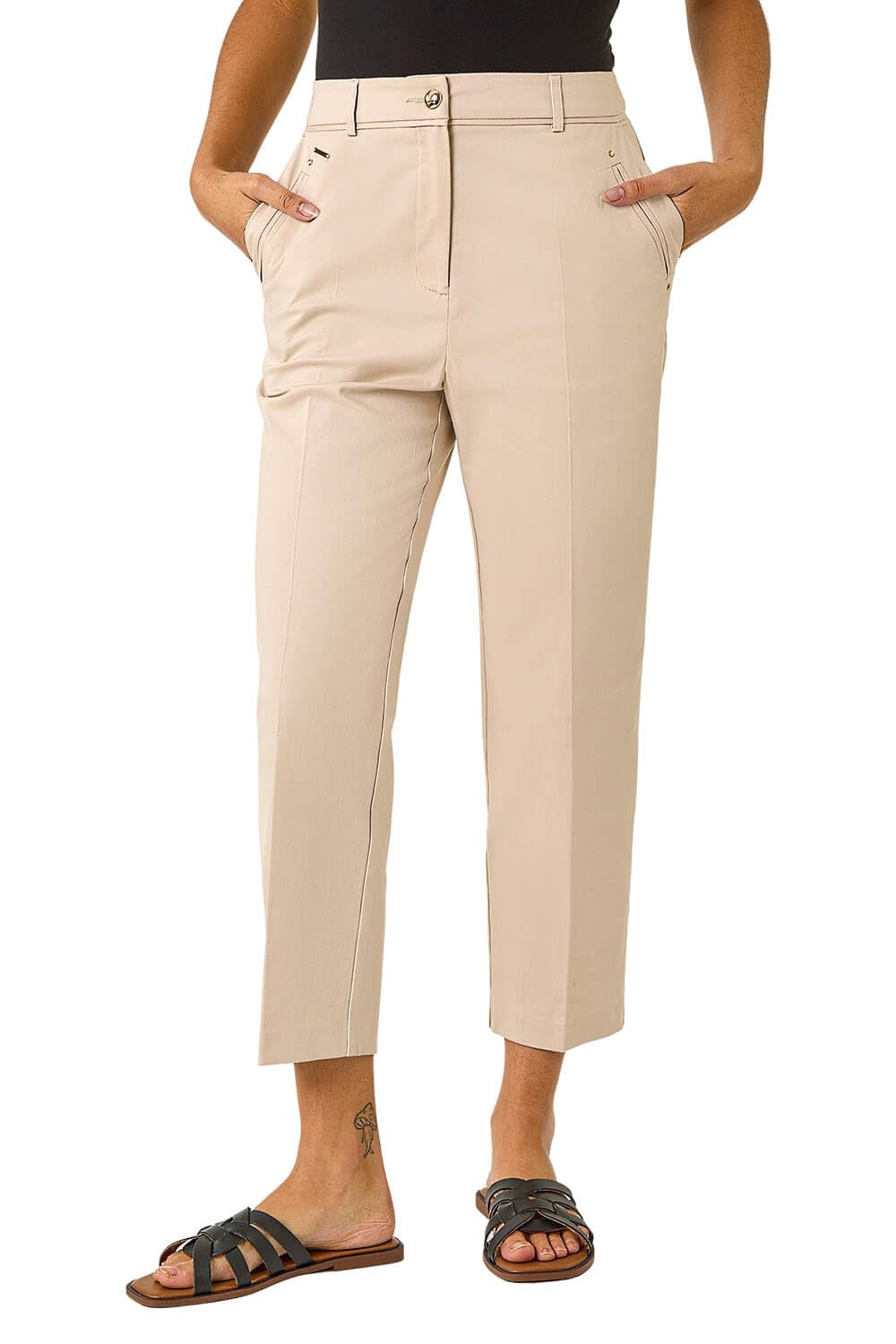 Roman Originals Women's Stone Cotton Stretch Cropped Trouser For Uk - Everyday Holiday Spring Summer Comfy Soft Evening Vacation Work Party - Size 18