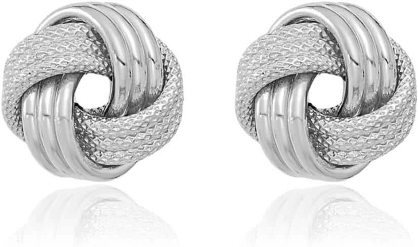 IceCarats 14K White Gold Large Love Knot Twisted Stud Earrings 10.5mm 3/8 inch Lightweight, Butterfly Back, Textured For Her