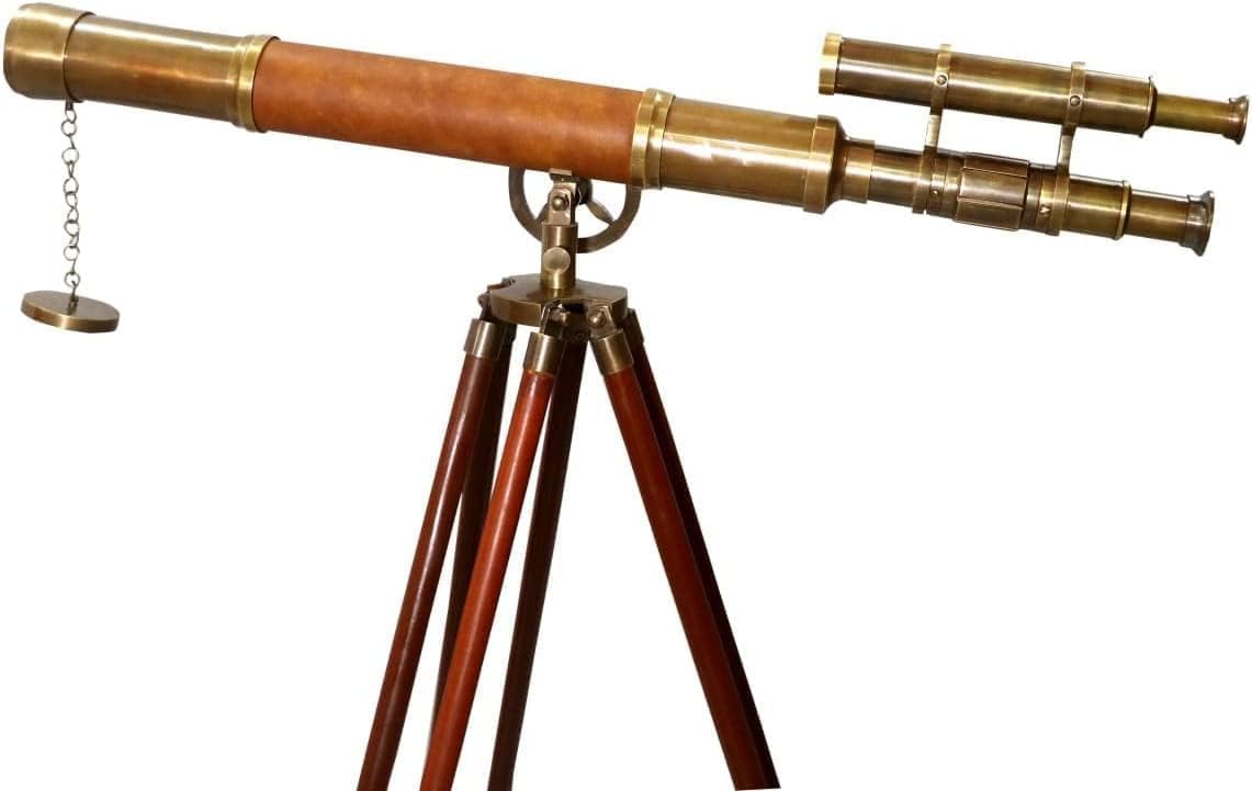 Nautical Floor Standing Telescope Brown Leather Wrapped Double Barrel Brass with Wooden Tripod Display