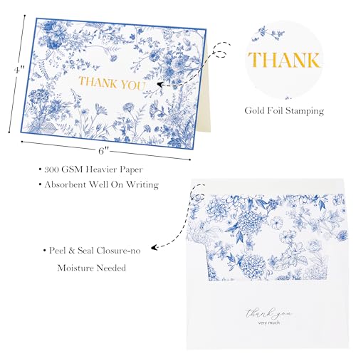 Crisky 50 Pack Blue Floral Thank You Cards Gold Foil Greeting Notes Bulk with Envelopes & Stickers for Birthday, Baby Shower, Bridal Shower, Wedding, Graduation, Business - Thumbnail 2