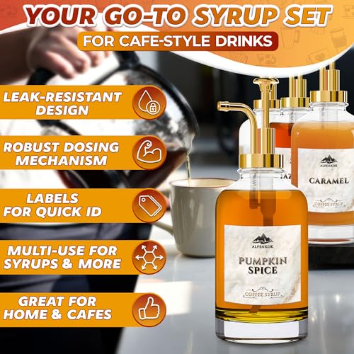 Image of Set of 4 Glass Syrup Bottles for Coffee Bar - 16.9oz 500 ml Coffee Syrup Dispenser with Pump, 18 Marked Labels, Leak-Proof, Easy Cleaning - Drink Station Accessories | Event Ready (Golden Pumps)